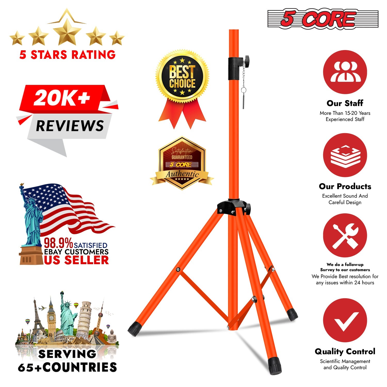 5Core Speaker Stand Tripod 2Pcs Tall Adjustable 72 Inch DJ Studio Monitor Stands Pole Mount-3