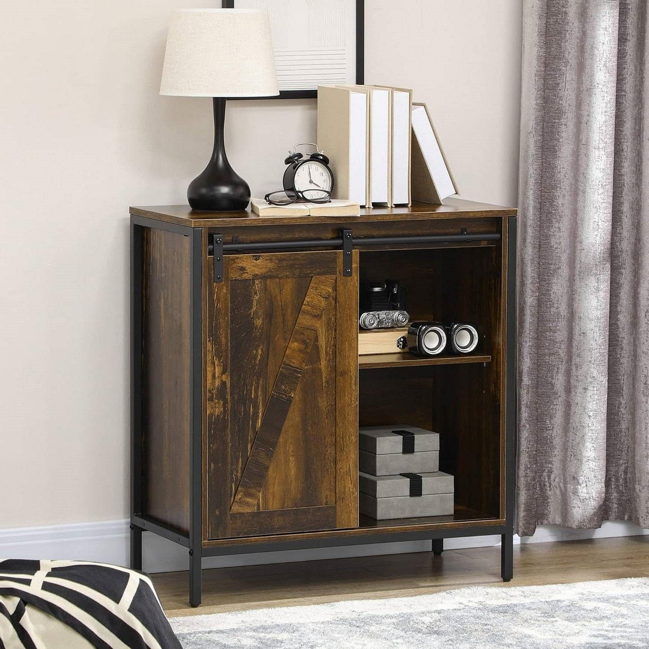 Farmhouse Buffet Cabinet Sideboard with Sliding Door in Rustic Brown Wood Finish-0